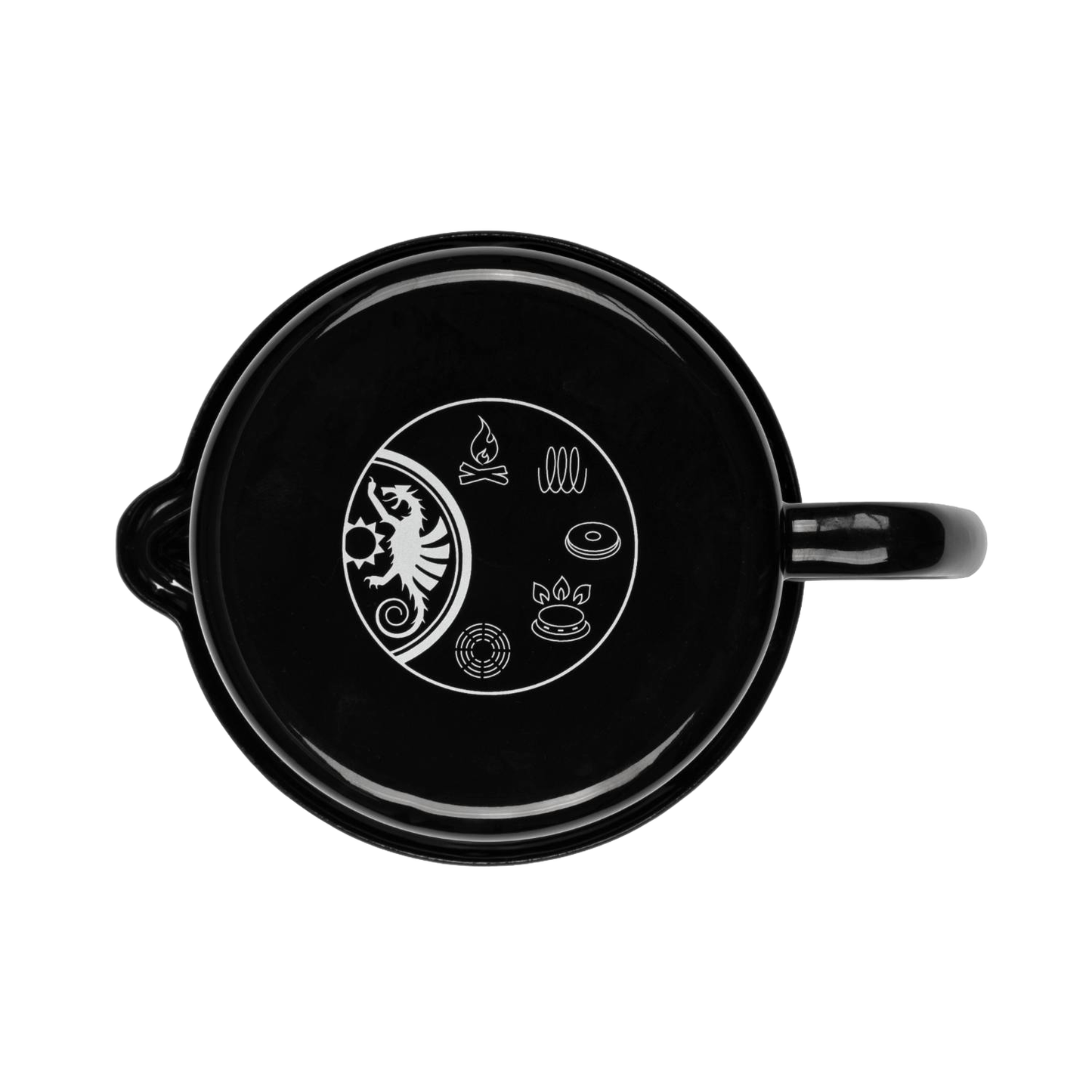 Top view of a black enameled steel milk pot with handle, featuring white icons for campfire, coil burner, grill, and coffee cup, designed for Farm, Garden & Tool, Kitchen & Food, Camping, Cookware, and Best Sellers collections.
