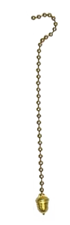 Unfinished brass acorn-shaped pull with attached 6-inch beaded chain, designed for vintage electric lighting restoration, ideal for Lamps & Lighting, Parts and Accessories, and Electric Conversion collections.