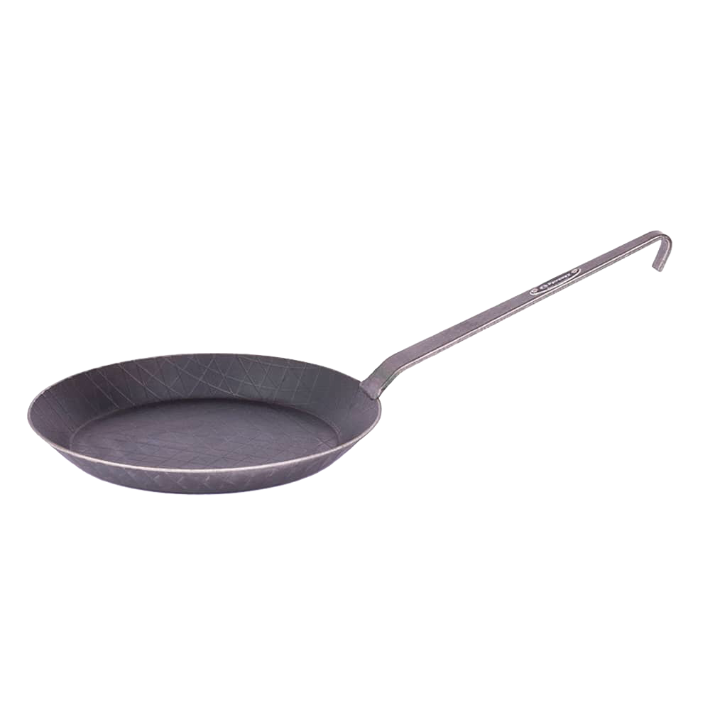 Unique handcrafted wrought iron pan with an extended handle, ideal for cooking outdoors or in the kitchen, featured in Farm, Garden & Tool, Kitchen & Food, Camping, Cookware, Pots and Pans, Best Sellers, and Promo Eligible collections.