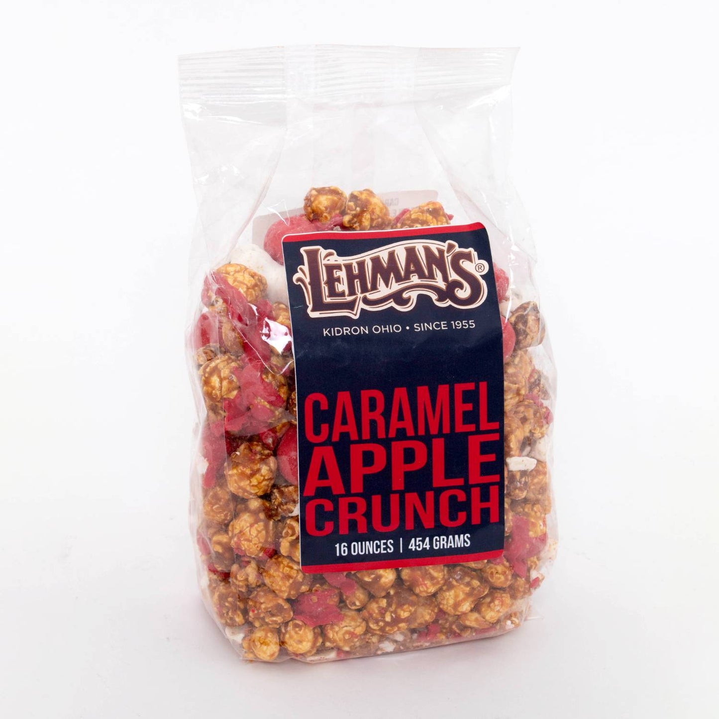 Clear bag of handcrafted caramel apple crunch popcorn featuring rich caramel and apple flavor blend, made in USA, featured in Kitchen & Food, Snacks and Sweets, Popcorn, USA Made, and Best Sellers collections.