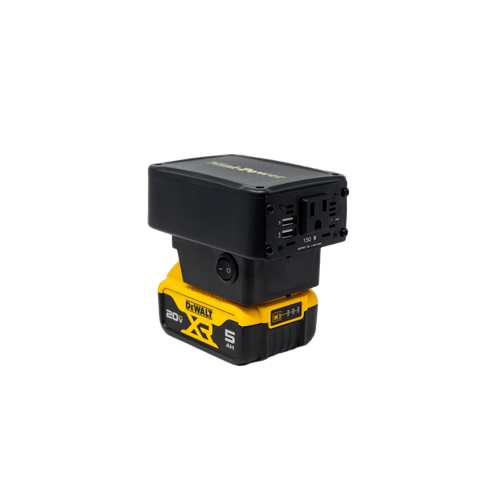 Compact portable power inverter with a 150W capacity, featuring a standard 110V outlet and compatible with a DeWalt 20V battery, ideal for Farm, Garden & Tool and Emergency Supplies collections.