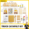 Wooden DIY truck catapult building kit with wheels, rubber bands, paint set, stickers, sandpaper, nails, and illustrated assembly instructions, ideal for children's indoor play and arts and crafts collections.