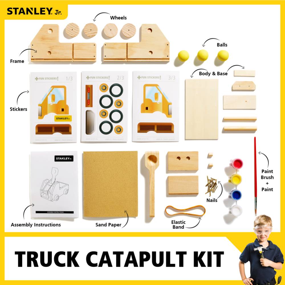 Wooden DIY truck catapult building kit with wheels, rubber bands, paint set, stickers, sandpaper, nails, and illustrated assembly instructions, ideal for children's indoor play and arts and crafts collections.