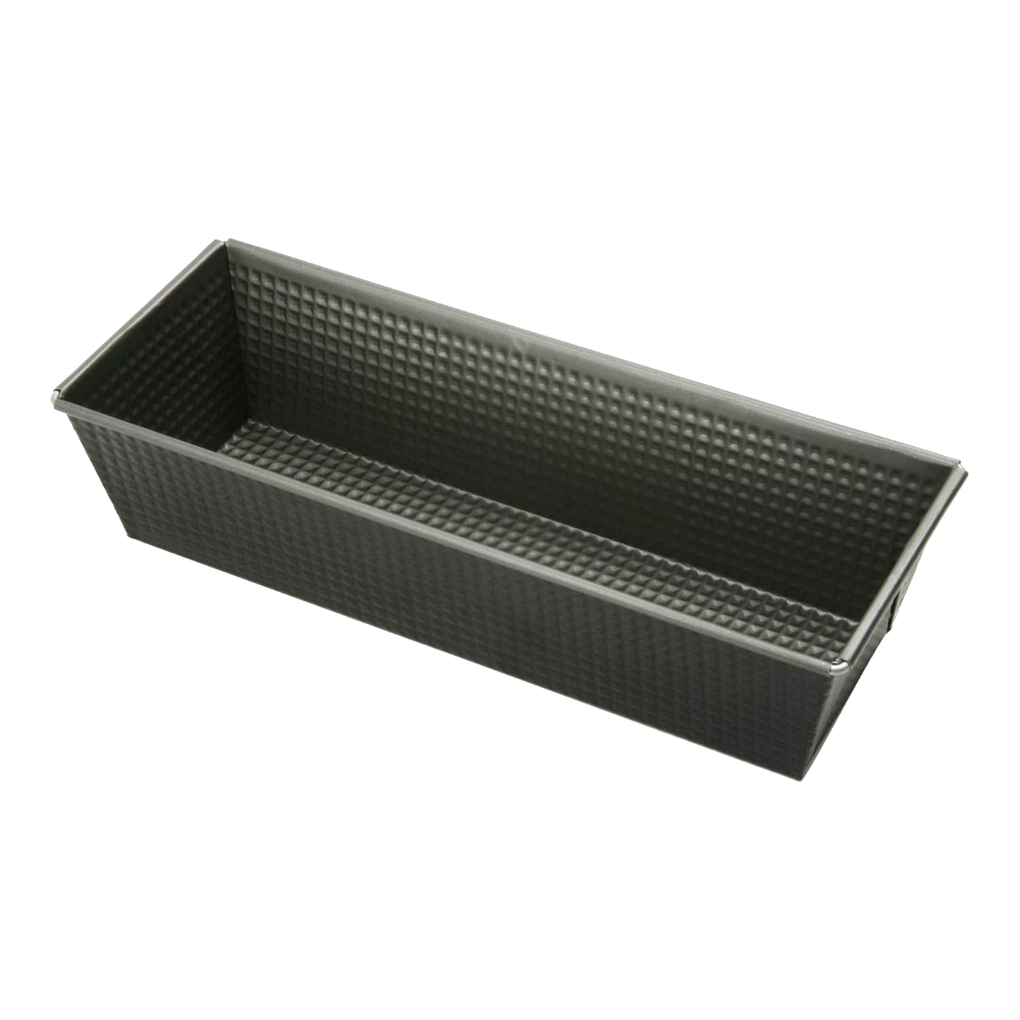 Long heavy gauge steel loaf pan with textured nonstick coating and tapered sides, designed for baking bread and meatloaf, ideal for Kitchen & Food and Baking Supplies collections.