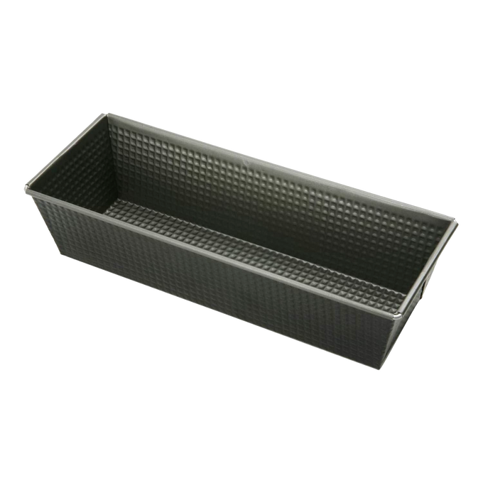 Long heavy gauge steel loaf pan with textured nonstick coating and tapered sides, designed for baking bread and meatloaf, ideal for Kitchen & Food and Baking Supplies collections.