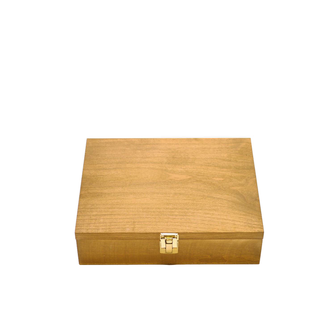 Handcrafted hardwood storage case with brass latch, made in USA, designed for organizing grain mill parts, ideal for Kitchen & Food, Grain Mills, Best Sellers, and Bread Making Supplies collections.