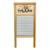 Compact washboard featuring a galvanized wavy scrubbing surface and wooden frame with decorative printed nameplate, handcrafted in the USA for Home & Decor and Laundry Supplies collections.