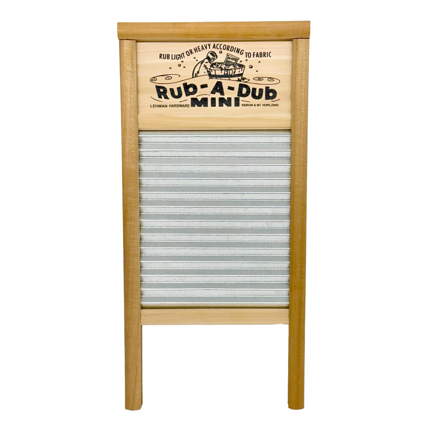 Compact washboard featuring a galvanized wavy scrubbing surface and wooden frame with decorative printed nameplate, handcrafted in the USA for Home & Decor and Laundry Supplies collections.