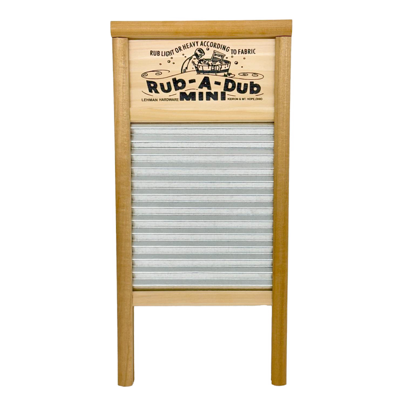 Compact washboard featuring a galvanized wavy scrubbing surface and wooden frame with decorative printed nameplate, handcrafted in the USA for Home & Decor and Laundry Supplies collections.