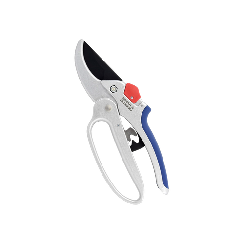 Geared anvil pruning shears with ergonomic silver and blue handle and red safety lock, designed for cutting thicker woody branches, featured in Farm, Garden & Tool collections.