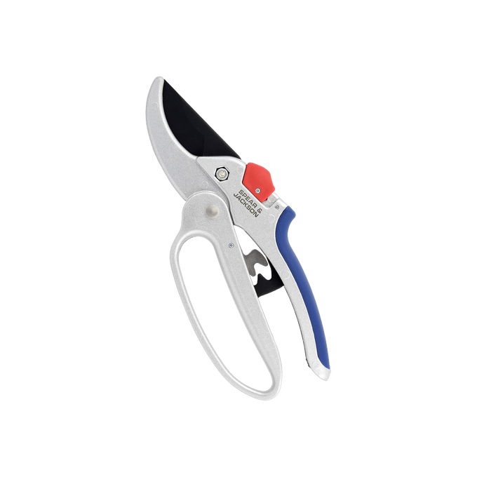 Geared anvil pruning shears with ergonomic silver and blue handle and red safety lock, designed for cutting thicker woody branches, featured in Farm, Garden & Tool collections.