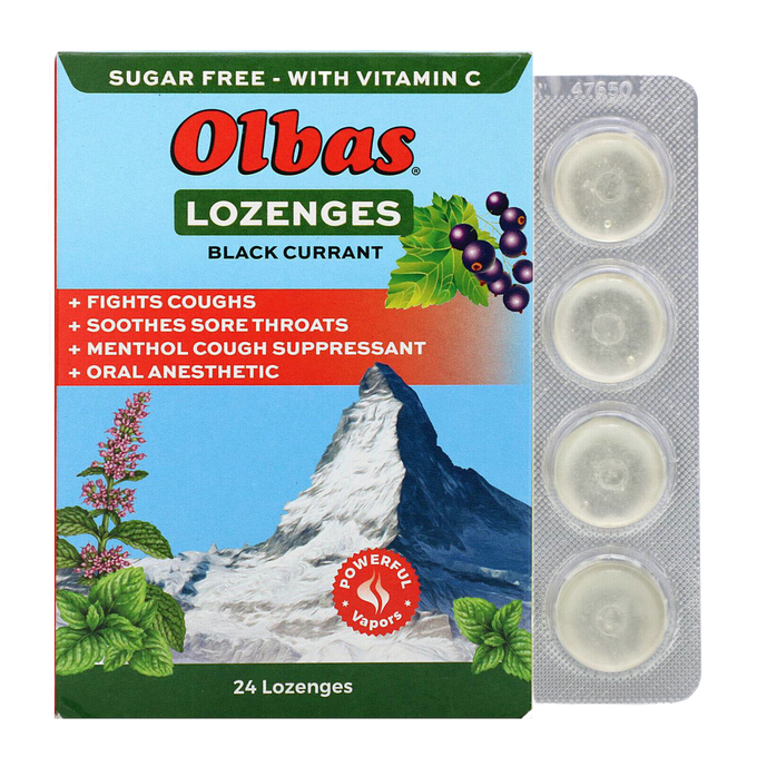 Box of sugar-free black currant cough lozenges with blister pack showing four clear lozenges, featured in Health & Wellness, Health Remedies, Best Sellers, and Promo Eligible collections.