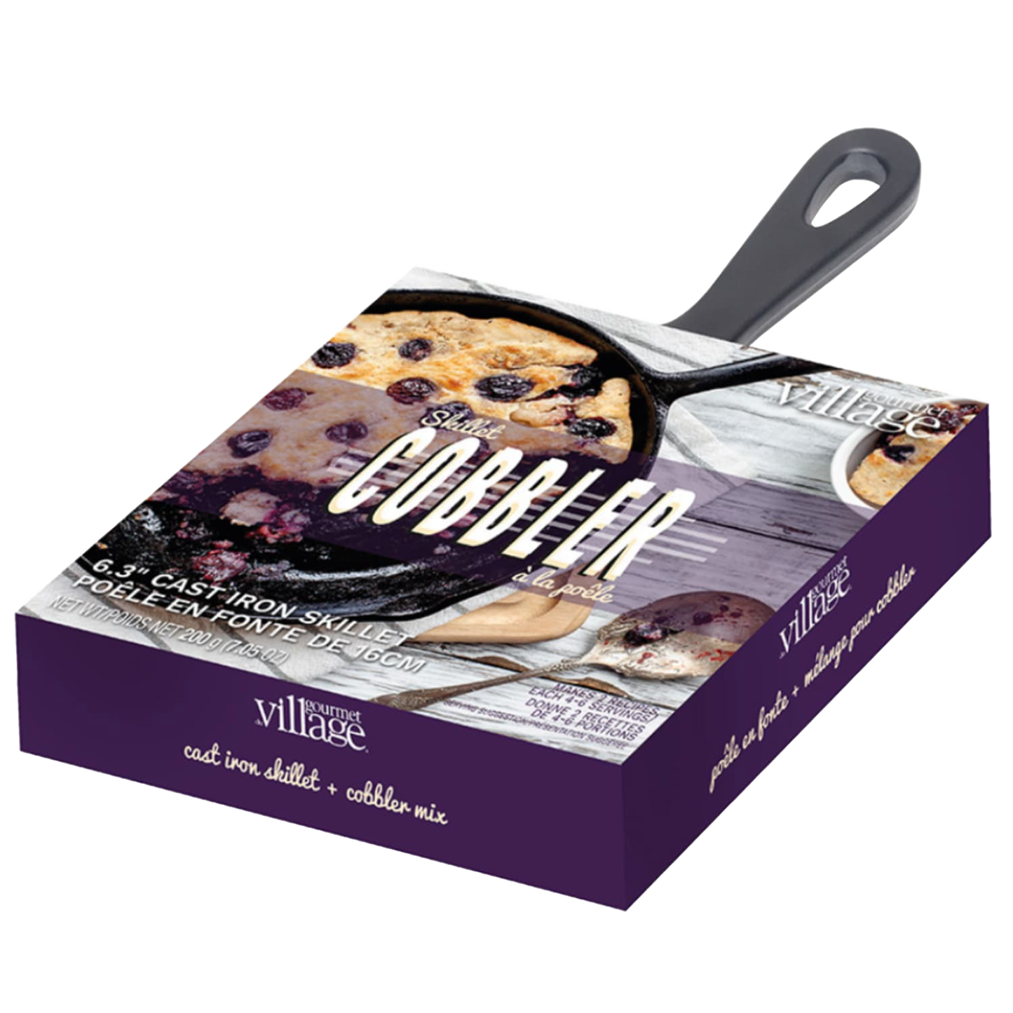 Handcrafted cobbler dessert mix with a 6.3-inch cast iron skillet, presented in purple packaging, ideal for Kitchen & Food, Food, Dry Goods and Mixes, Best Sellers, Promo Eligible collections.