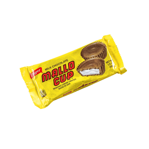 Yellow packaged pack of five creamy milk chocolate cups with whipped marshmallow filling, gluten-free and made in USA, featured in Kitchen & Food, Candy, USA Made, and Best Sellers collections.