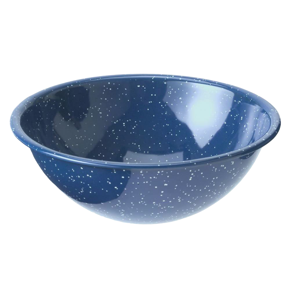 Royal Blue enamelware salad bowl with white speckled granite pattern, handcrafted for Farm, Garden & Tool, Kitchen & Food, Camping, Dinnerware, Best Sellers, and Promo Eligible collections.