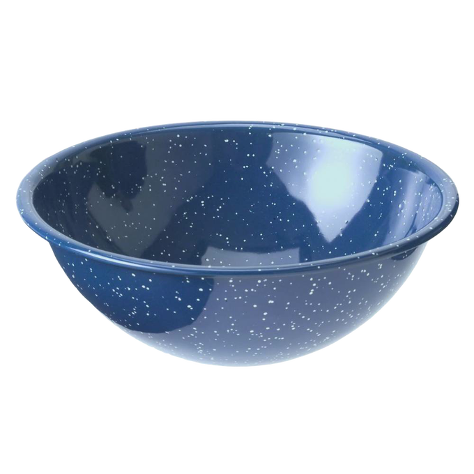 Royal Blue enamelware salad bowl with white speckled granite pattern, handcrafted for Farm, Garden & Tool, Kitchen & Food, Camping, Dinnerware, Best Sellers, and Promo Eligible collections.