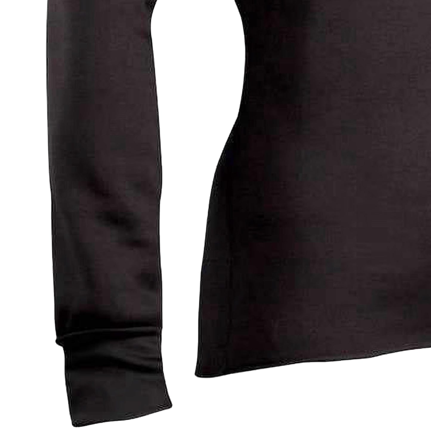 Close-up view of black fleece long johns shirt sleeve and hem with ribbed cuffs, made from fleeced polyester for warmth and moisture wicking, featured in Health & Wellness and Clothing and Accessories collections.
