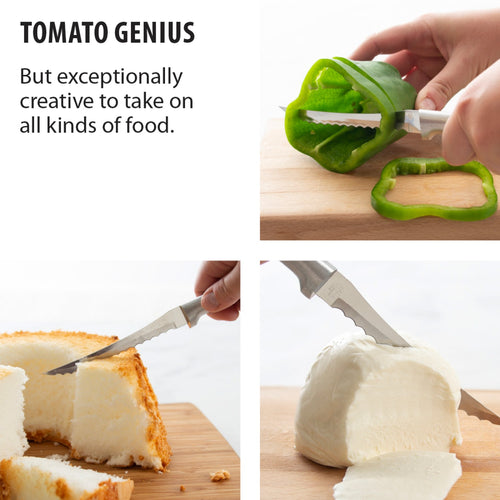 Handcrafted USA-made slicer with hand-sharpened high carbon surgical stainless steel blade and solid aluminum handle cutting green pepper, cake, and soft cheese, ideal for kitchen food prep and Farm, Garden & Tool collections.