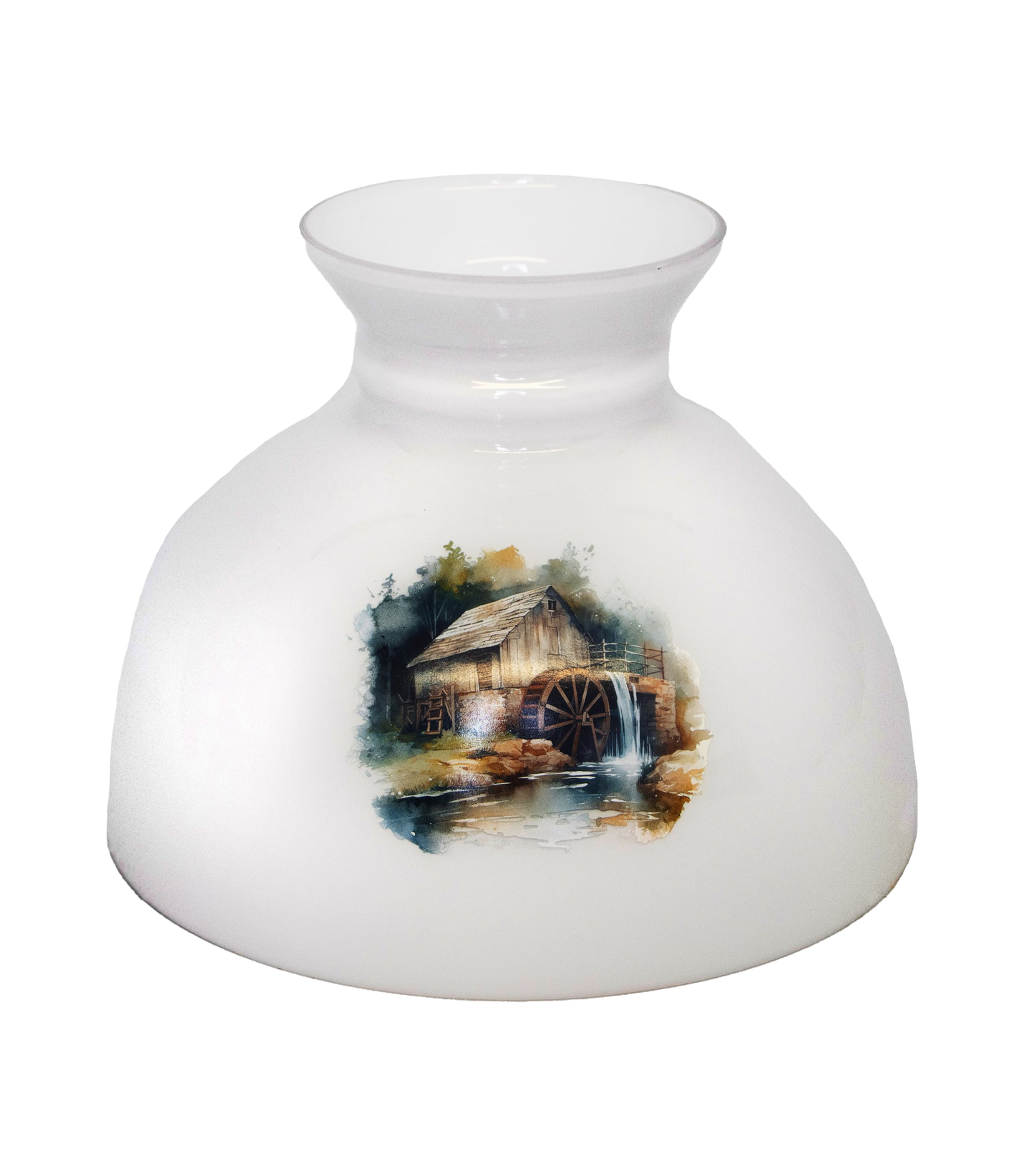 White glass lamp shade with rustic watermill illustration, handcrafted to soften oil lamp light, perfect for Lamps & Lighting, Parts and Accessories, and Best Sellers collections.