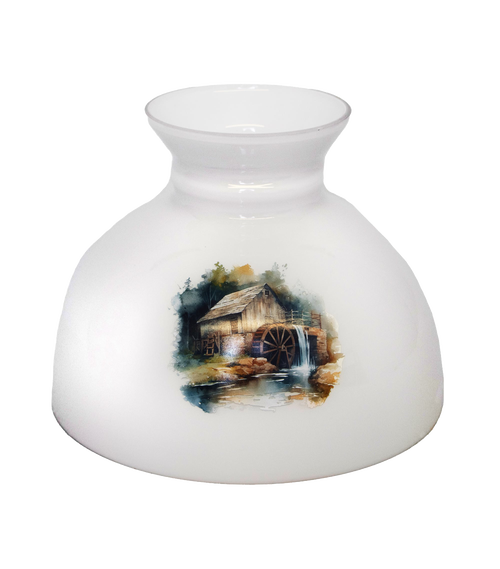 White glass lamp shade with rustic watermill illustration, handcrafted to soften oil lamp light, perfect for Lamps & Lighting, Parts and Accessories, and Best Sellers collections.