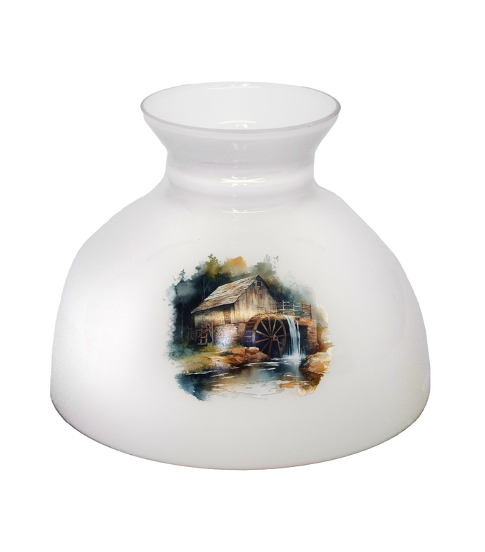 White glass lamp shade with rustic watermill illustration, handcrafted to soften oil lamp light, perfect for Lamps & Lighting, Parts and Accessories, and Best Sellers collections.