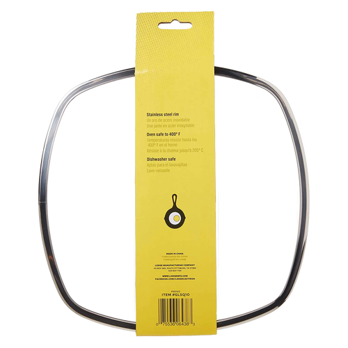 Square tempered glass lid with stainless steel rim and yellow product label detailing oven and dishwasher safety, suitable for Kitchen & Food, Cookware, Cast Iron, and Best Sellers collections.