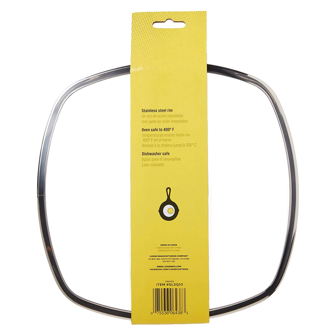 Square tempered glass lid with stainless steel rim and yellow product label detailing oven and dishwasher safety, suitable for Kitchen & Food, Cookware, Cast Iron, and Best Sellers collections.
