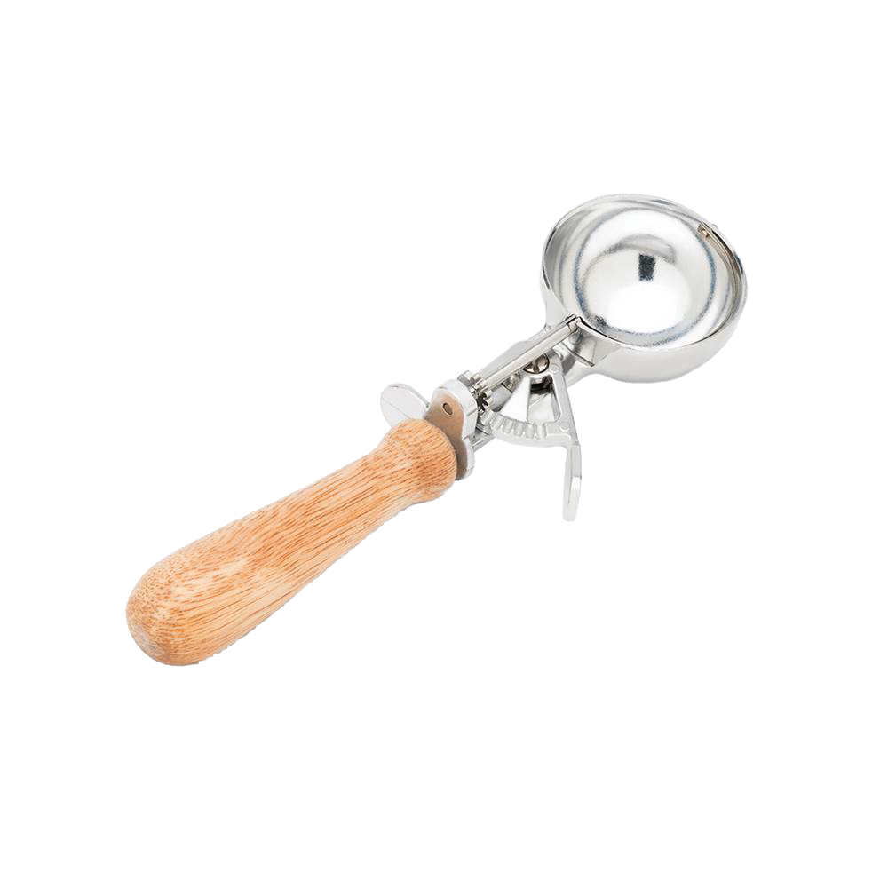 Classic ice cream scoop with a smooth wooden handle and polished metal bowl, designed for easy serving, ideal for Kitchen & Food, Specialty Equipment, and Best Sellers collections.
