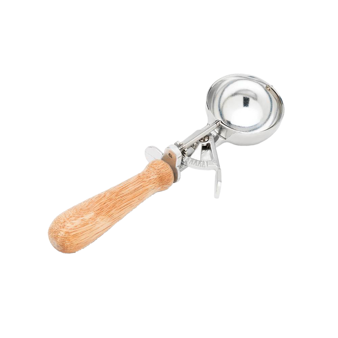 Classic ice cream scoop with a smooth wooden handle and polished metal bowl, designed for easy serving, ideal for Kitchen & Food, Specialty Equipment, and Best Sellers collections.