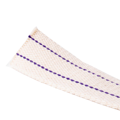 Close-up of a woven white cotton flat wick with two parallel purple stitching lines, designed for use with oil lamps in Lamps & Lighting, Oil Lamps, Table Lamps, Best Sellers, and Promo Eligible collections.
