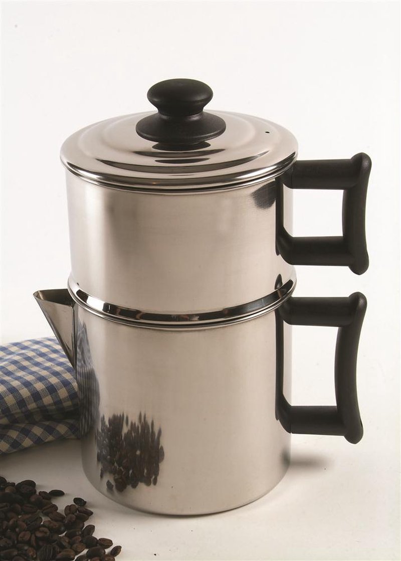 Stainless steel non-electric drip coffee maker with black plastic handles and lid knob, ideal for sustainable brewing in Farm, Garden & Tool, Kitchen & Food, and Homesteading collections.