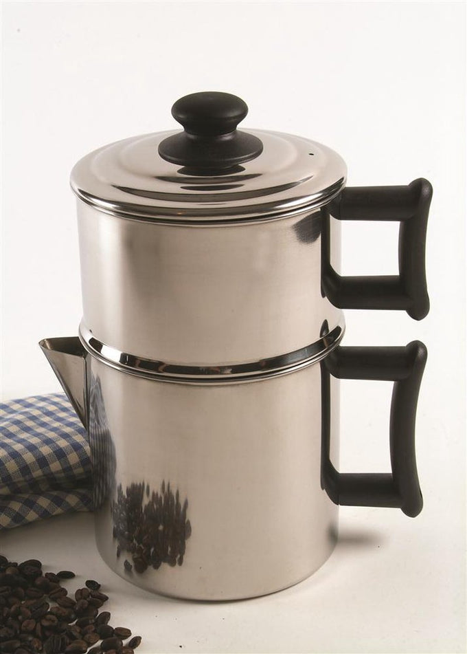 Stainless steel non-electric drip coffee maker with black plastic handles and lid knob, ideal for sustainable brewing in Farm, Garden & Tool, Kitchen & Food, and Homesteading collections.