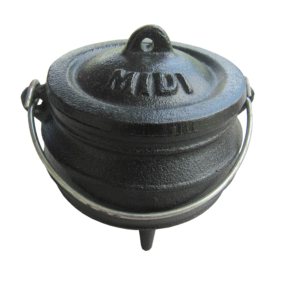 Freestanding cast iron pot with three built-in legs and handle, pre-seasoned with flaxseed oil, perfect for outdoor dining and cooking, featured in Kitchen & Food, Cookware, and Cast Iron collections.