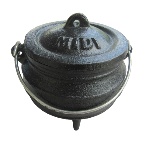 Freestanding cast iron pot with three built-in legs and handle, pre-seasoned with flaxseed oil, perfect for outdoor dining and cooking, featured in Kitchen & Food, Cookware, and Cast Iron collections.