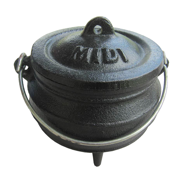 Freestanding cast iron pot with three built-in legs and handle, pre-seasoned with flaxseed oil, perfect for outdoor dining and cooking, featured in Kitchen & Food, Cookware, and Cast Iron collections.