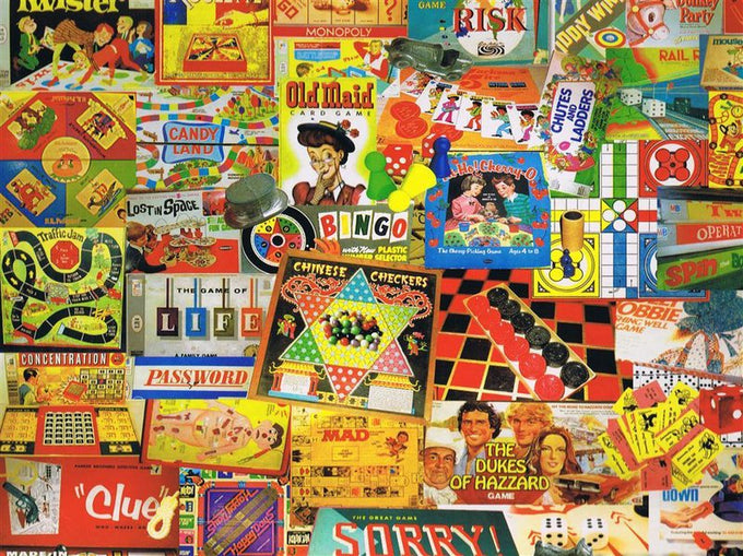 Colorful collage of classic board games and vintage game boxes including Monopoly, Bingo, Candy Land, Chinese Checkers, and more, reflecting a nostalgic puzzle theme from the USA Made collection.