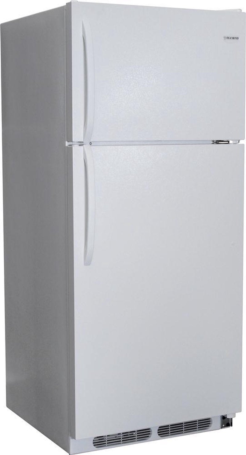 White freestanding gas refrigerator with top freezer compartment, smooth exterior, curved door handles, designed for space-saving and efficient use in appliances and refrigerators collections.