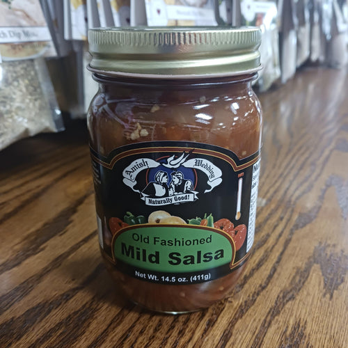 Glass jar of handcrafted Amish Wedding Mild Salsa with thick, chunky texture, made in USA, ideal for Kitchen & Food, Snacks and Sweets, Pantry, USA Made, Best Sellers, and Promo Eligible collections.