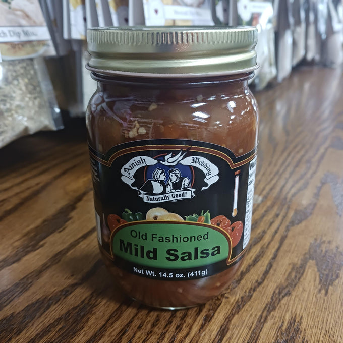 Glass jar of handcrafted Amish Wedding Mild Salsa with thick, chunky texture, made in USA, ideal for Kitchen & Food, Snacks and Sweets, Pantry, USA Made, Best Sellers, and Promo Eligible collections.