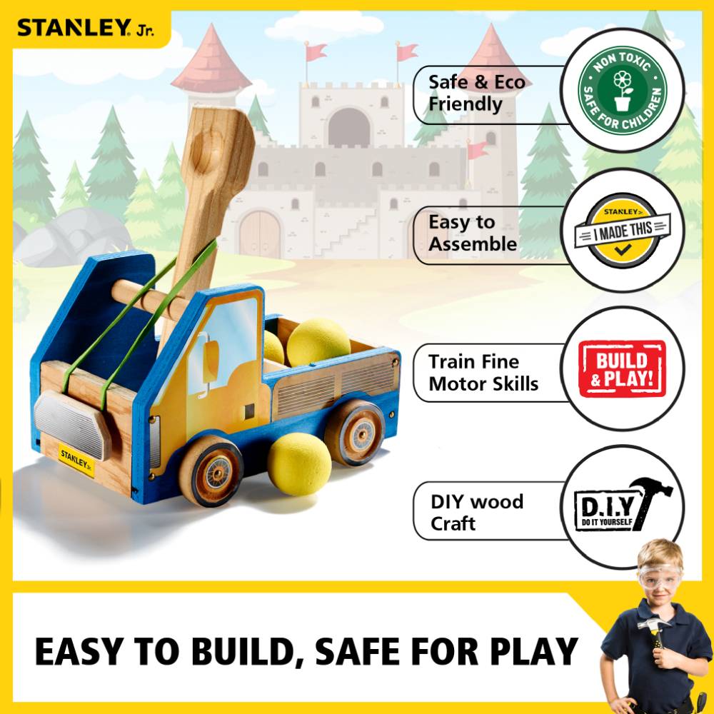Wooden truck catapult model with four wheels, yellow foam balls, and rubber bands, designed for hands-on DIY building to develop fine motor skills in children's indoor play and arts and crafts collections.