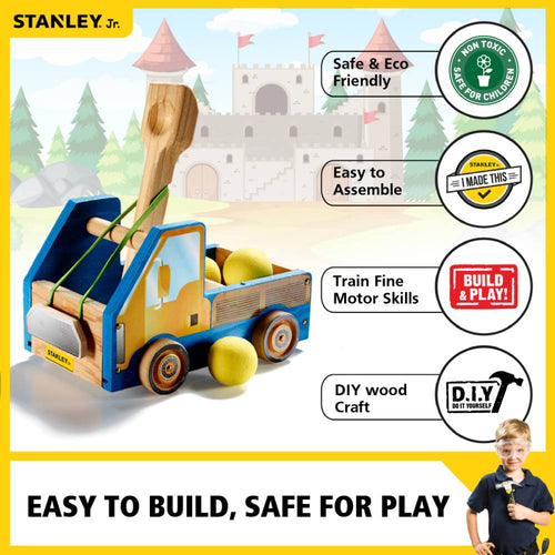 Wooden truck catapult model with four wheels, yellow foam balls, and rubber bands, designed for hands-on DIY building to develop fine motor skills in children's indoor play and arts and crafts collections.