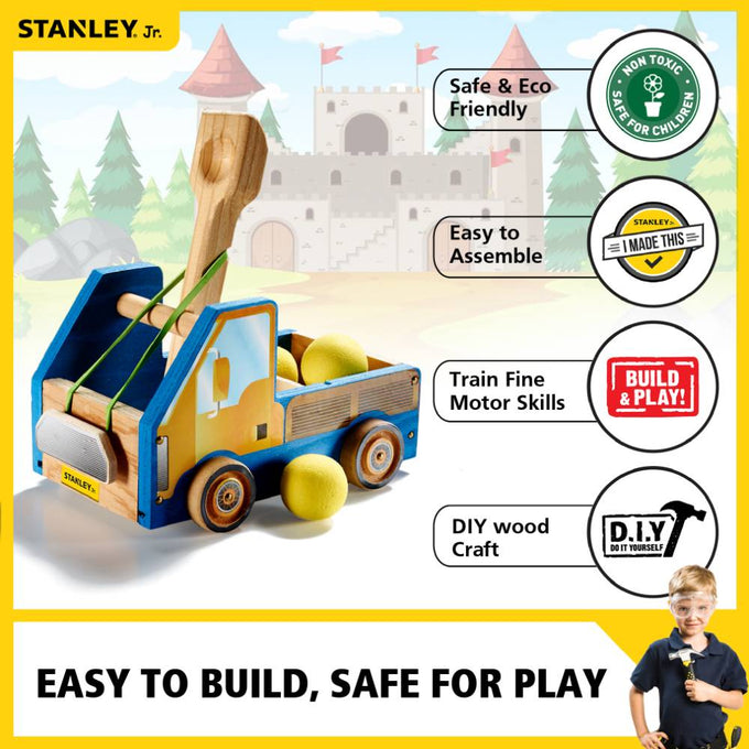 Wooden truck catapult model with four wheels, yellow foam balls, and rubber bands, designed for hands-on DIY building to develop fine motor skills in children's indoor play and arts and crafts collections.