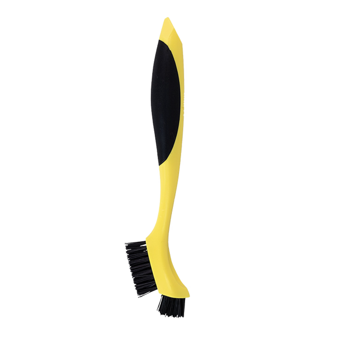 Yellow and black corner groove cleaning brush with two nylon bristle heads and molded plastic handle, designed for deep cleaning cast iron cookware, ideal for Kitchen & Food and Cast Iron collections.