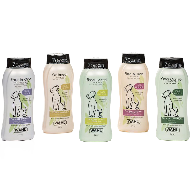 Five 24-ounce bottles of natural dog shampoos in various scents and formulas including calming, oatmeal, shed control, flea & tick, and odor control, made in USA, featured in Grooming and Personal Hygiene, Pet Supplies, USA Made, Best Sellers, and Promo Eligible collections.