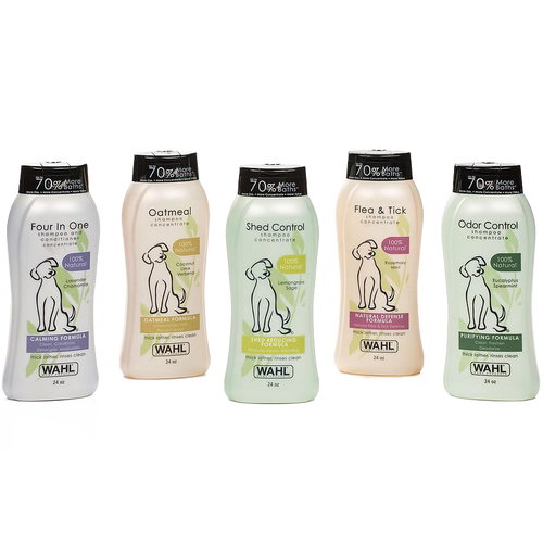 Five 24-ounce bottles of natural dog shampoos in various scents and formulas including calming, oatmeal, shed control, flea & tick, and odor control, made in USA, featured in Grooming and Personal Hygiene, Pet Supplies, USA Made, Best Sellers, and Promo Eligible collections.