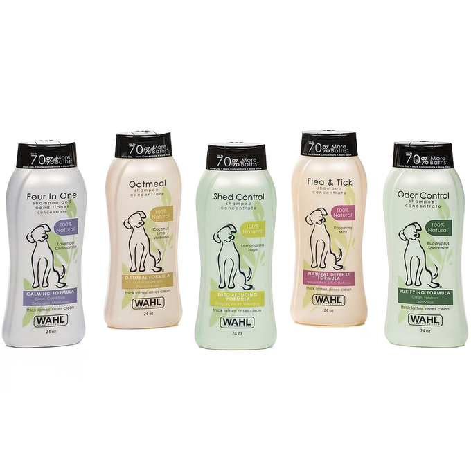 Five 24-ounce bottles of natural dog shampoos in various scents and formulas including calming, oatmeal, shed control, flea & tick, and odor control, made in USA, featured in Grooming and Personal Hygiene, Pet Supplies, USA Made, Best Sellers, and Promo Eligible collections.