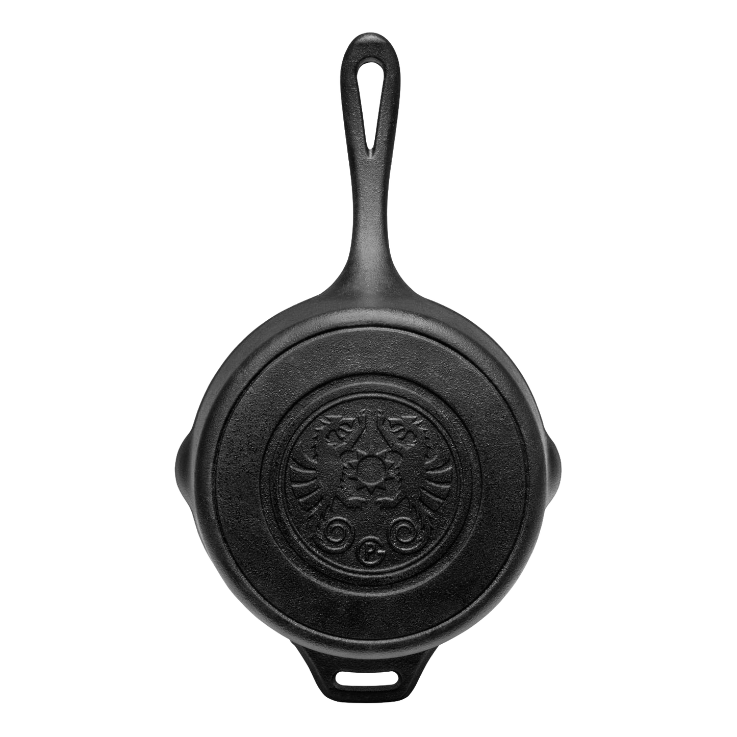 Top view of a handcrafted cast iron saucepan with embossed lid pattern and extended handle, crafted for farm, garden, camping, kitchen, cookware, and cast iron collections.