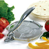 Cast aluminum tortilla press with a smooth handle for even dough pressing, surrounded by fresh vegetables and stacked tortillas, ideal for Kitchen & Food, Cookware, Baking Supplies, Best Sellers, and Promo Eligible collections.