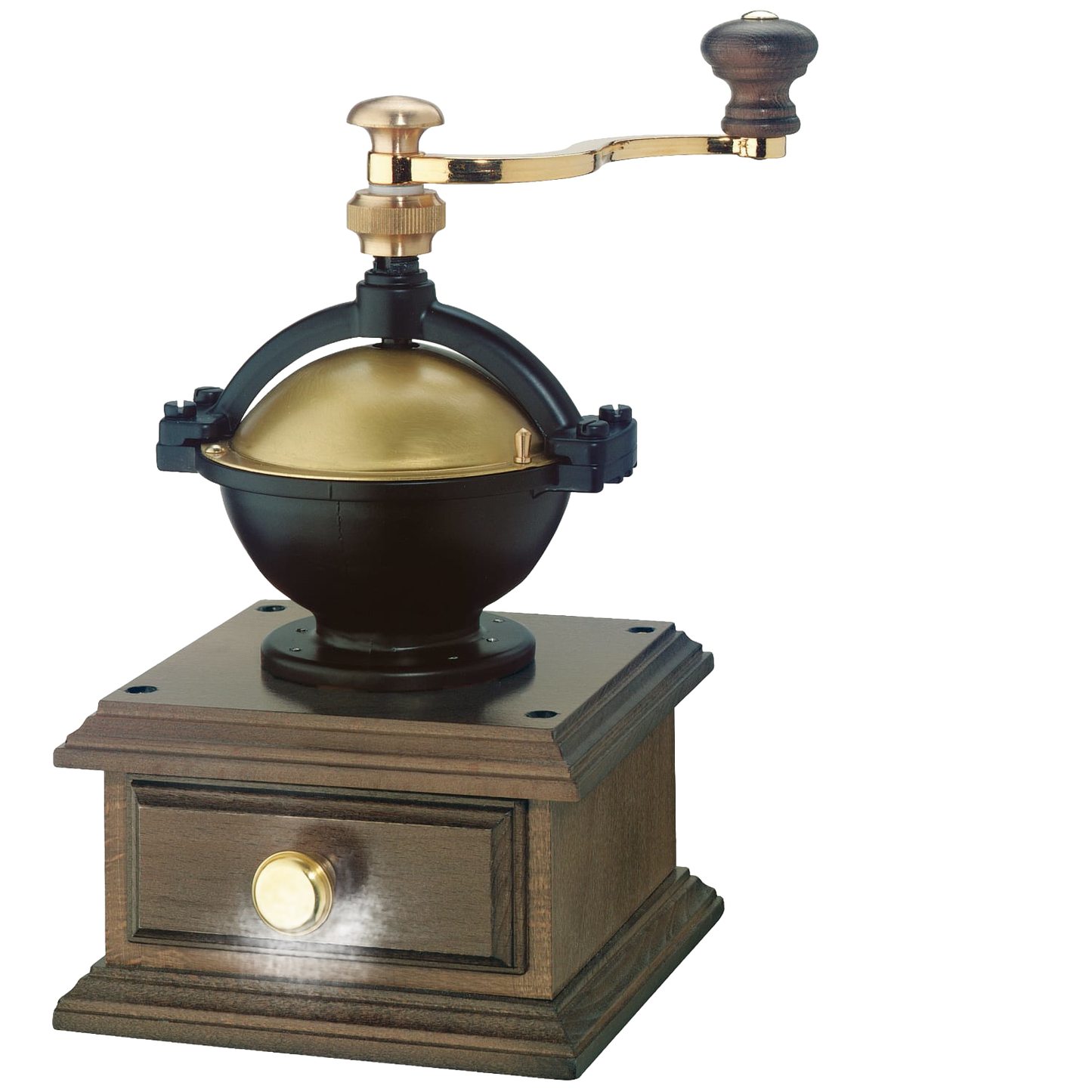 Handcrafted vintage-style coffee grinder with wooden base, brass detailing, and a top crank handle, ideal for Farm, Garden & Tool, Kitchen & Food, Brewing Coffee and Tea, and Best Sellers collections.