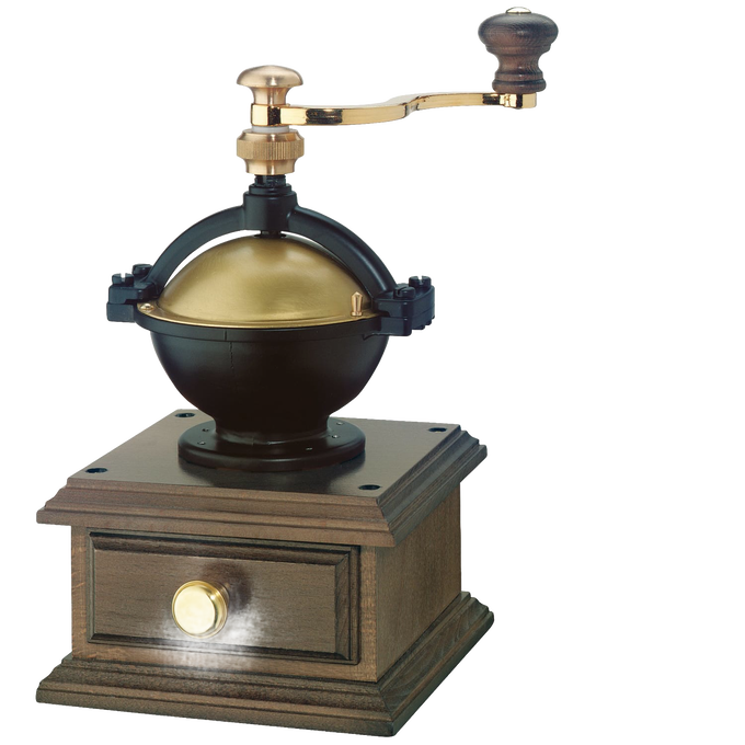 Handcrafted vintage-style coffee grinder with wooden base, brass detailing, and a top crank handle, ideal for Farm, Garden & Tool, Kitchen & Food, Brewing Coffee and Tea, and Best Sellers collections.